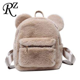 Bear Ears Plush Female Backpack Faux Fur Shoulders Bag Cute Furry Women Bag NEW Winter Bags For Women 2021 Mini Girl Backpacks Y1105