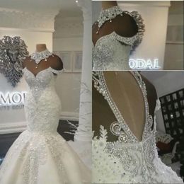 Luxury Dubai Arabic Mermaid Wedding Dresses Bridal Gowns High Neck Illusion Lace Appliques Crystal Beaing Plus Size Tulle Formal With Flowers Open Back