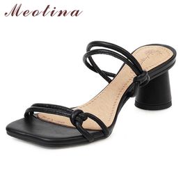 Meotina High Heel Slippers Women Shoes Square Toe Block Heels Ladies Slides Summer Causal Sandals Female White Pink Big Size 210608