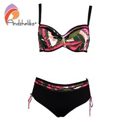 Andzhelika High Grade Leaf Print Swimsuit 2021 Women Pearl Jewellery Bikini Set Plus Size Swimwear Beach Bathing Suit 210305