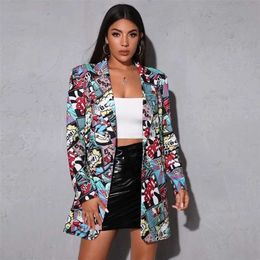 Fashion Trend Women Animation Print Long Sleeves Suit Jacket Elegant Spring Fall Office Lady Slim Coat Casual Streetwear 211122