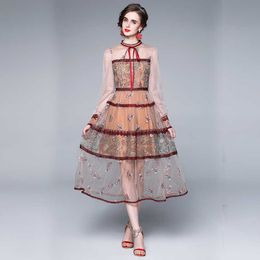 Runway Elegant See Through Mesh Dress High Quality Flower Embroidery Stitching Lace Trims Waist Sweet Bow Party 210529