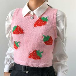 HEYounGIRL Pink Sweat Cute Sleeveless Sweater Vest Women Casual Autumn Strawberry Y2K Tank Knitted Crop Top Fashion Streetwear Y0825