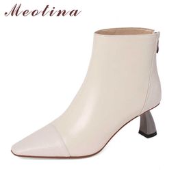 Meotina Ankle Boots Women Shoes Real Leather High Heel Lady Boots Pointed Toe Strange Style Heels Zip Short Boots Autumn Winter 210608