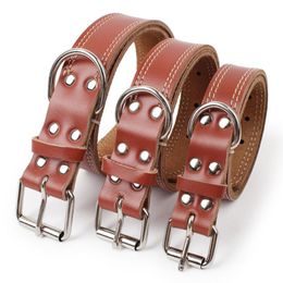 Dog Collars & Leashes Strong Genuine Cow Leather Pet Collar Solid Color Double Lines For Large Dogs S M L
