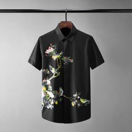 New 100% Cotton Mens Shirts Luxury Short Sleeve Flower And Bird Digital Printing Man Shirts Fashion Slim Fit Male Shrit 4xl