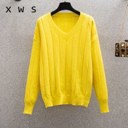 High Quality V-NECK autumn winter oversized Sweater Pullover Women big size Solid Knitted Sweater casual Female Sweater 210604