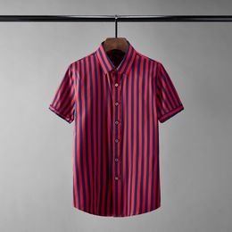 New Summer Male Shirts Luxury Short Sleeve Yarn Dyed Stripe Mens Dress Shirts Fashion Slim Fit Party Man Shirts Plus Size 4XL
