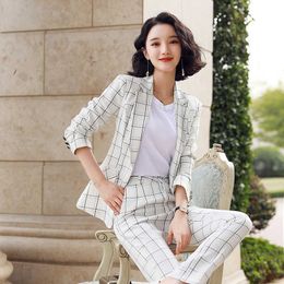 Fashion professional women's suit office pants two-piece Spring Summer Plaid Women's Blazer Jacket Slim-fit trousers 210527