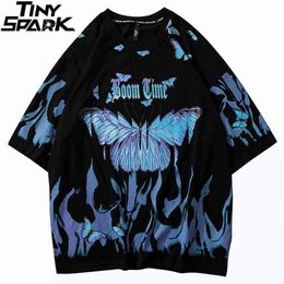 Mens Hip Hop T Shirts Blue Fire Flame Butterfly Streetwear Tshirt Harajuku Summer Short Sleeve T-Shirt Cotton Tops Tees 210716