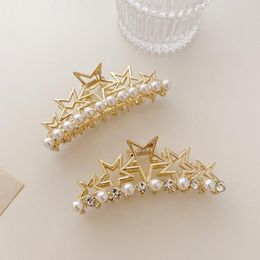 Alloy Hollow Five-pointed Star Hair Clamps Women Pearl Crystal Scrunchies Claw Clips European Girls Ponytail Shower Hairpins Accessories Length 9.2 CM Gold