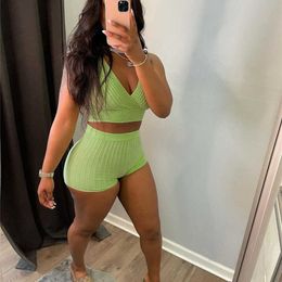 hirigin Casual Sportswear Shorts Tracksuit Women Sexy Knitted Rib Wrap V Neck Crop Top Biker Shorts Two Piece Set Outfits Y0702