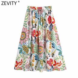 Zevity Women Vintage Totem Floral Print Pleats Casual A line Skirt Faldas Mujer Female Elastic Waist Lace Up Chic Vestido QUN796 210603