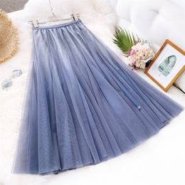 HLBCBG Maxi Tulle Skirt Women For Spring Summer Korean Ladies Blue Black Gradient High Waist Long Pleated Skirt Female 210310