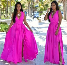 Fuchsia Chiffon Prom Dresses Sexy Deep V Neck Sleeveless Side Slit Floor Length Sash Evening Party Gowns Formal Ocn Wear Vestidos 403 Estidos Estidos Estidos estidos