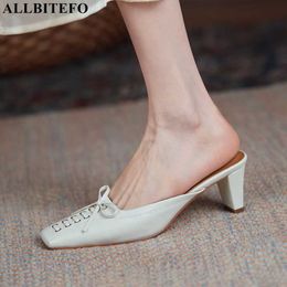 ALLBITEFO brand high heels genuine leather bowtie women slippers thick heels women heels shoes summer women sandals flip flops 210611