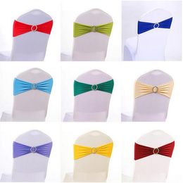 Bowknot Elastic Sashes Diamond Ring Buckle Bandage Hotel Wedding Chairs Back Decoration Chair Covers 10 Colors