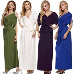 Summer Arrival Sexy Dress Women Short Batwing Sleeve Solid Loose Maxi V Neck Long With Sash Free 210527