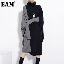 [EAM] Women Black Grey Knitting Big Size Long Dress New Turtleneck Long Sleeve Loose Fit Fashion Tide Autumn Winter 2021 210303