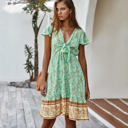 Summer Dress Women Casual Short Sleeve Bohemia Beach Sexy V Neck Lace Up Floral Print A-line Ruffle Sundress Vestidos 210526