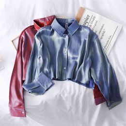 Korean Gloss Loose Slim Single-breasted Long Sleeve Shirt Women Short Crop Tops Lapel Blouse J385 210527