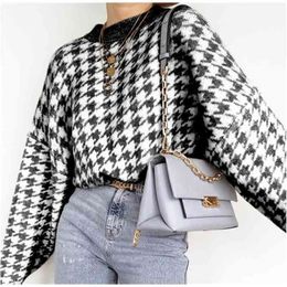 Women Casual Houndstooth Lady Pullover Sweater Female Autumn Winter Retro Jumper Geometric Blue Knitted Femme 210914