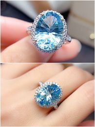 Oval Blue Crystal Aquamarine Topaz Zircon Diamonds Gemstones Rings for Women White Gold Silver Colour Jewellery Bijoux Trendy Gifts