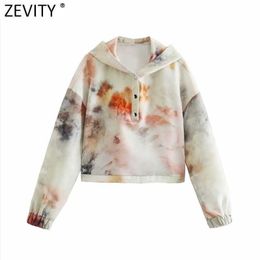 Zevity Women Vintage Tie Dyed Short Sweatshirts Female Basic Long Sleeve Casual Knitted Hoodies Chic Pullover Tops H560 210603