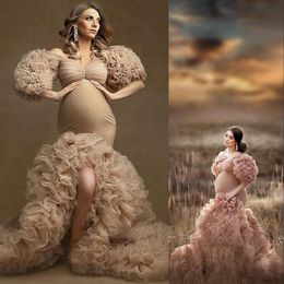 2021 Seksi Şampanya Abiye Giyim Tül Kimono Kadınlar Robe Photoshoot Yarım Kollu Kapalı Omuz Balo Abiye Afrika Mermaid Split Annelik Elbise Fotoğrafçılık