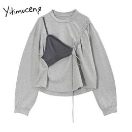 Yitimuceng Woman Tshirts Comfortable Patchwork Grey Top Batwing Sleeve Tees Pleated Drawstring Clothes O-neck Spring Fashion 210601