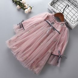 2-7 years High quality girl dress new autumn lace mesh chiffon flower kid children clothing girls party princess dress 210303