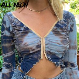 ALLNeon Y2K Aesthetics Tie Dye Ruched Crop Tops Vintage E-girl V-neck Long Sleeve Ruffles Anomalistic Hem T-Shirts 90s Punk Tee Y0629