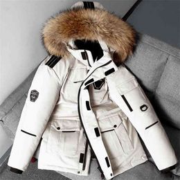 Men's Winter Down Jacket Warm Hooded White Duck Anorak Men Parka Mid Long Detachable Fur Collar Coat Waterproof Male 210916