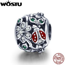 WOSTU Design 925 Sterling Silver Daisy & Ladybird Charm Bead fit Original DIY Bracelet European Silver Jewelry Gift CQC926 Q0531