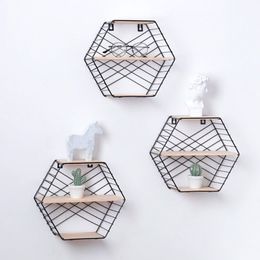 Wall Mounted Floating Shelf Modern Simple Geometry Wood Metal Wire Hexagon Plant Flower Storage Shelves Display Perfect Decor 210310
