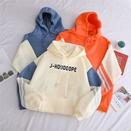 J-HOOOOOPE Kpop Hoodies Casual Letters Printed Women Winter Fleece Sweatshirt Hoody Hit Color Patchwork Pullover 201028