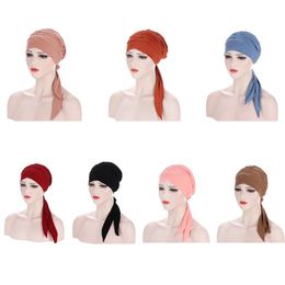 Women Muslim Hijab Cancer Chemo Solid Clor Hat Turban Cap Cover Hair Loss Head Scarf Wrap Pre-Tied Headwear Strech Bandanas New