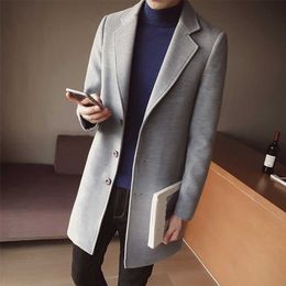 Autumn Winter Men's Wool Blend Coat Windbreaker Mid-length Trench Coat Korean Slim Woolen Coat British Overcoat Wind-jacket 211106