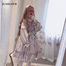 Alice In Wondeland Cute Women Lolita OP Dress Balze in pizzo giapponese Harajuku maniche lunghe Doll Teen Dress Fairy Vestidos 210309