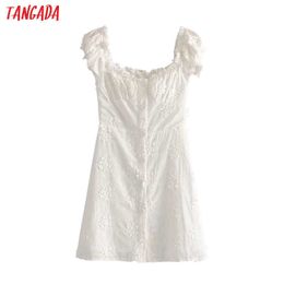 Tangada fashion women white embroidery cotton dress French style short sleeve ladies summer beach dress vestidos 1T17 210609