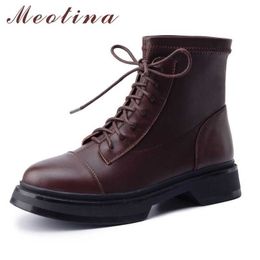 Meotina Motorcycle Boots Women Real Leather Short Boots Platform Thick Heel Ankle Boots Lace Up Med Heel Female Shoes Brown 43 210608