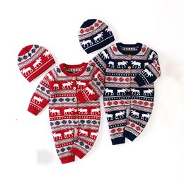 -Ins Bebê meninos meninas festa de natal romper crianças crianças rena de neve malha jumpsuits suéter + chapéu 2 pcs conjuntos menino menino xmas subir roupas q2901