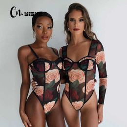 CNYISHE Fashion Floral Mesh Sheer Long Sleeve Bodysuit Rompers Party Sexy Slim Teddy Jumpsuit Female Overalls 210622