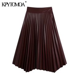 KPYTOMOA Women Chic Fashion Faux Leather Pleated Asymmetric Midi Skirt Vintage High Waist Side Zipper Female Skirts Mujer 210309