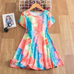 New Bohemia Style Beach Dress For Girls Summer Short Sleeve Tie Dye Printing Carnival Party Costume Casual 3-8T Girls Sundress Q0716
