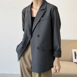 Spring Basic Black Suit Jacket Women's Loose Long Sleeve Casual Oversized Blazer Top V-neck Double Breasted Cardigan 211019