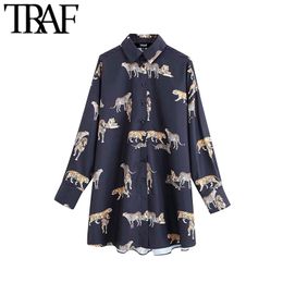 TRAF Women Vintage Stylish Animal Print Blouses Fashion Lapel Collar Long Sleeve Female Shirts Blusas Mujer Chic Tops 210719