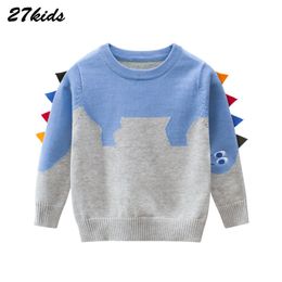 27kids Dinosaur Pattern Boys Knitted Sweater For Toddler Boy Kids Casual Spring Cartoon Warm Cotton Boys Sweaters Pullovers 210308