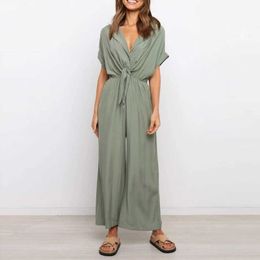 Women Casual Wide Leg Jumpsuit Summer Solid Short Sleeve Lace Up Loose Homewear Playsuit Elegant Ladies Overalls Rompers 210709