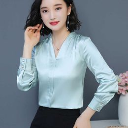 Korean Fashion Silk Blouses for Women Elegant Woman Satin Shirts Long Sleeve Blouse Shirt Plus Size V Neck 210531